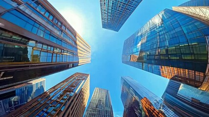 A stunning upward view of skyscrapers against a bright blue sky, showcasing modern architecture and urban design.