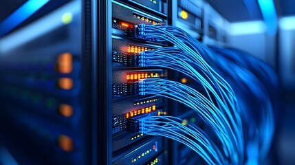 High-Tech Server Racks with Glowing Indicators and Complex Wiring