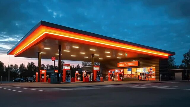 A modern gas station illuminated at dusk, showcasing fuel pumps and a convenience store.