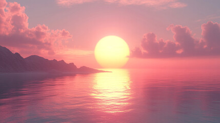 Serene Pink Sunset Over Tranquil Ocean Waters. A breathtaking pink sunset casts vibrant hues across a calm ocean, evoking feelings of peace and tranquility. Ideal for themes of nature and relaxation.