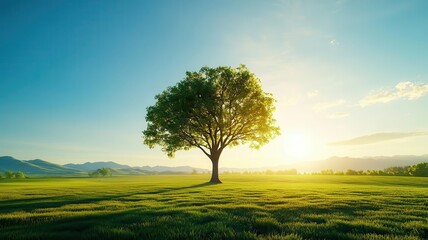Fototapeta premium Tall green tree casting a shadow over a sunlit meadow, emphasizing the contrast between structured growth and the wildness of open fields