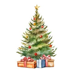 Watercolor Festive Christmas Tree with Gifts Underneath Against White Background