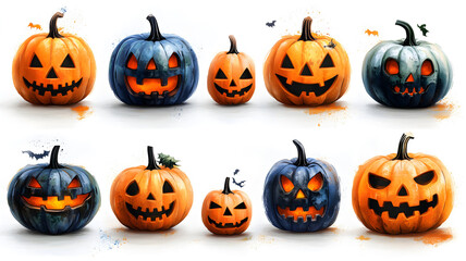 Set of scary Halloween pumpkins on light background, assorted different designs, mockup templates for artwork design, cool elements for your Halloween party invitation card, poster, banner, wallpaper.