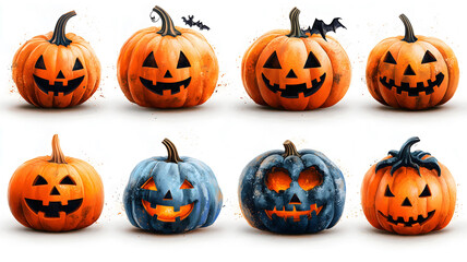 Set of scary Halloween pumpkins on light background, assorted different designs, mockup templates for artwork design, cool elements for your Halloween party invitation card, poster, banner, wallpaper.
