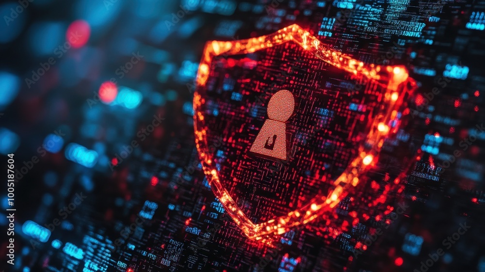 Poster cybersecurity shield graphic with digital data background.