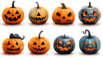 Set of scary Halloween pumpkins on light background, assorted different designs, mockup templates for artwork design, cool elements for your Halloween party invitation card, poster, banner, wallpaper.