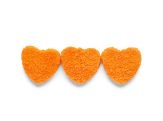 Tasty nuggets in shape of heart on white background. Valentine's Day celebration