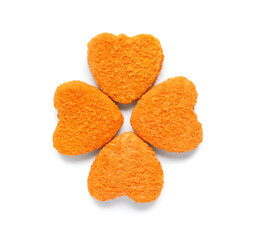 Tasty nuggets in shape of heart on white background. Valentine's Day celebration
