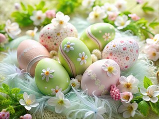 Fototapeta premium Vibrant, ornately decorated Easter eggs in pastel hues sit atop a bed of soft, white feathers, surrounded by lush greenery and delicate spring flowers.