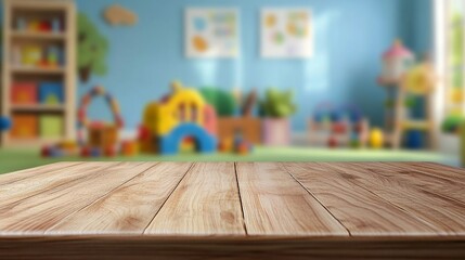 Wooden table surface in focus with blurred background of colorful kindergarten or preschool classroom, toys, and educational materials visible.