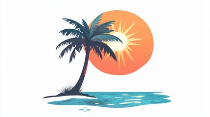 Flat Vector illustration of coconut tree with leaf and sun