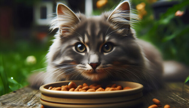 gato gris comiendo su comida