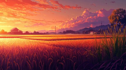 Obraz premium Serene Sunset Over Golden Rice Fields