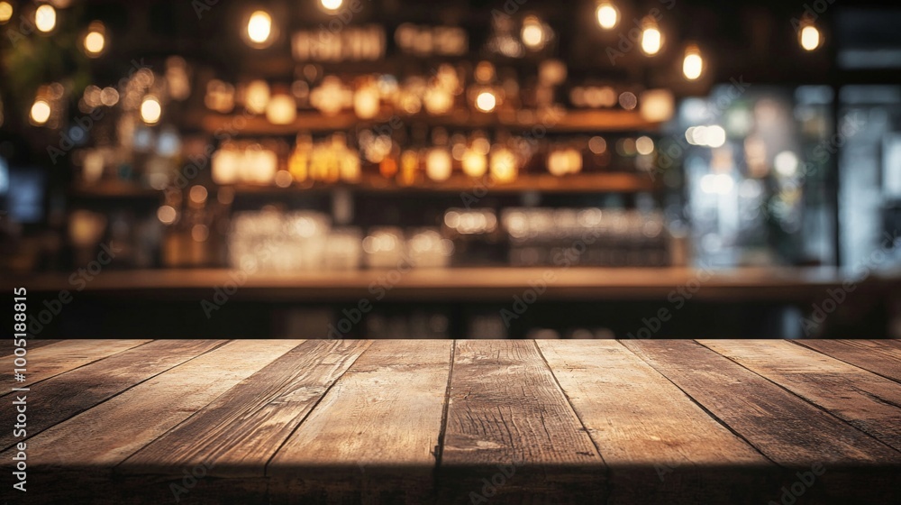 Aufkleber rustic wooden table in foreground with blurred bar background, illuminated by warm glowing lights cr