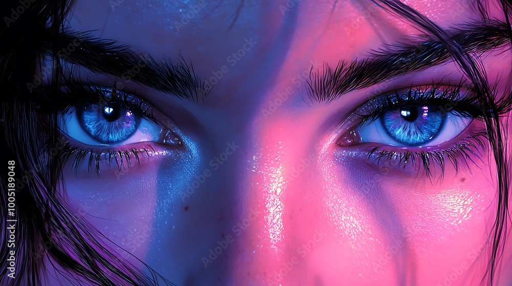 Canvas Prints Close up of blue eyes with neon pink and blue lighting