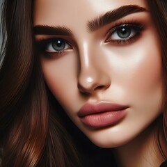  Close-up woman face. Model with long brown hair and make-up on grey background.