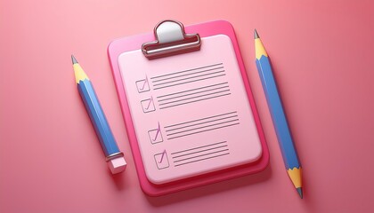 A pink clipboard with a checklist is shown, accompanied by two blue pencils, all set against a soft pink background.