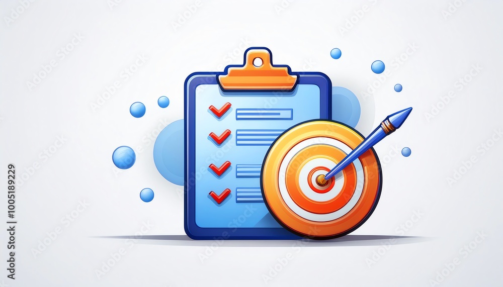 Poster a checklist with target symbol, representing task completion and goal setting in a colorful, modern 