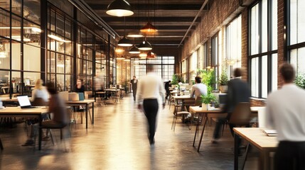 Modern open-plan office space with glass partitions, wooden floors, and industrial lighting. Blurred figures move through the stylish coworking environment.