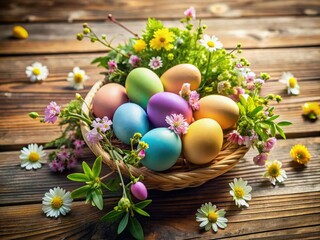 Obraz premium Vibrant pastel eggs, freshly picked flowers, and lush greenery adorn a rustic wooden table, capturing the essence of Easter morning's joyful simplicity and new life.