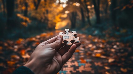 Hand holding puzzle pieces with 'Better Together' text against autumn forest background, symbolizing unity and connection in nature's embrace.
