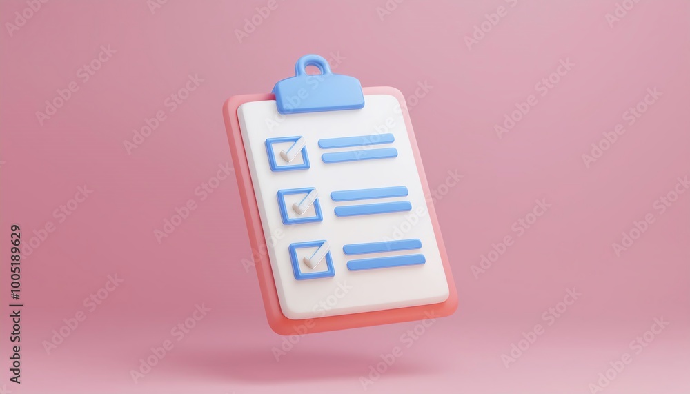 Poster a minimalist clipboard with checkboxes floats against a soft pink background, symbolizing organizati
