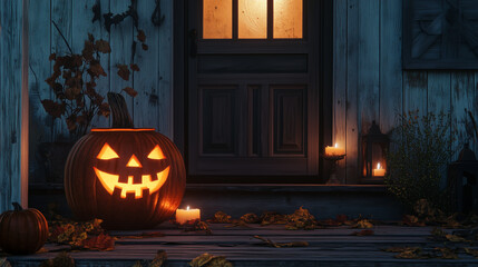 Obraz premium A Menacing Jack O'Lantern, Lit by a Flickering Candle on the Porch, Sets the Perfect Spooky Ambiance for a Halloween Night 