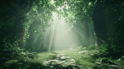 Obraz premium A path through a lush, green forest, with sunbeams piercing through the leaves.