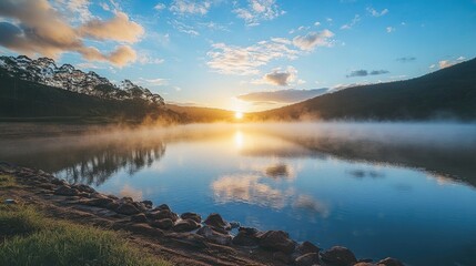 Fototapeta premium Serene Sunrise Over Calm Lake with Misty Reflections