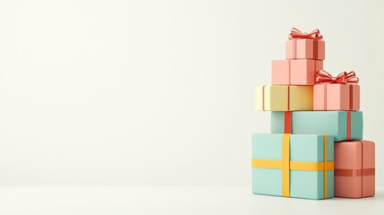 A Stack of Colorful Gift Boxes with Red Ribbons