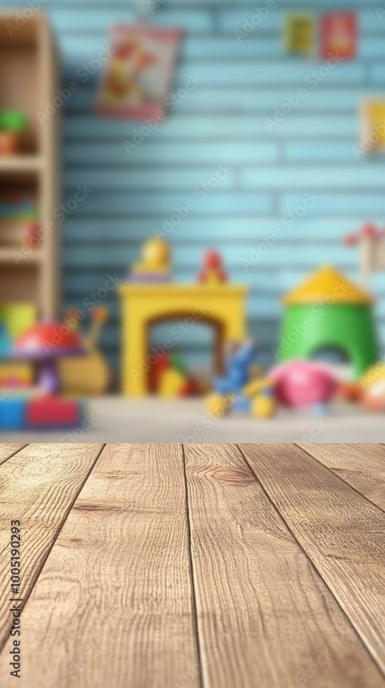 Poster wooden table in foreground with colorful children's toys and playroom setting in background, creatin