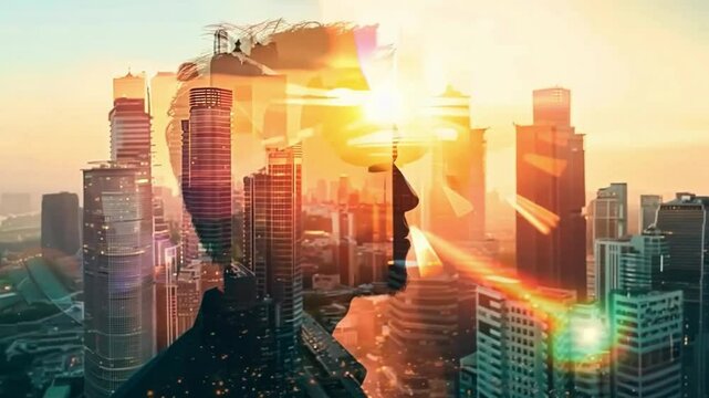 A double exposure image featuring a silhouette of a person against a city skyline at sunset, symbolizing introspection and urban life.