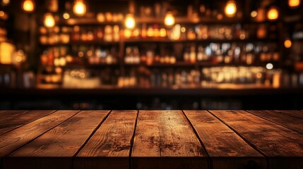 Rustic wooden bar counter in foreground, blurred warm-lit shelves of liquor bottles behind, creating inviting ambiance in cozy pub or restaurant setting.