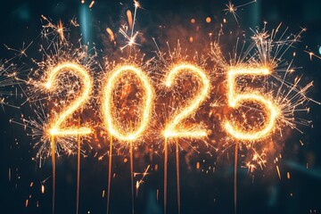 Celebratory fireworks displaying the year 2025 at a New Year’s Eve event with vibrant sparks in the night sky. Generative AI