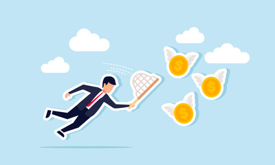 A businessman with a net is trying to catch a group of flying dollar coins with wings, an illustration of the act of collecting dollar assets.