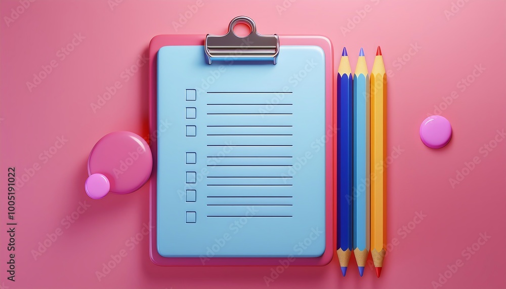 Poster a colorful clipboard with lined paper and bright pencils rests on a pink background, creating a vibr