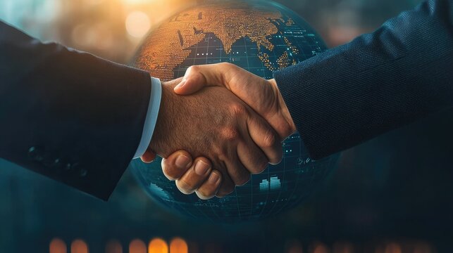 Close-up of a business handshake symbolizing partnership and global cooperation in a digital world.
