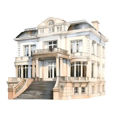 Fototapeta premium Watercolor of Luxury Residential 3D Architectural Model of Classic Mansion on White Background