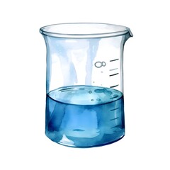 Watercolor of Transparent Laboratory Glassware Filled with Blue Liquid on Isolated White Background
