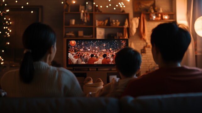 Family gathered around a television watching Lunar New Year celebrations broadcasted live surrounded by decorations