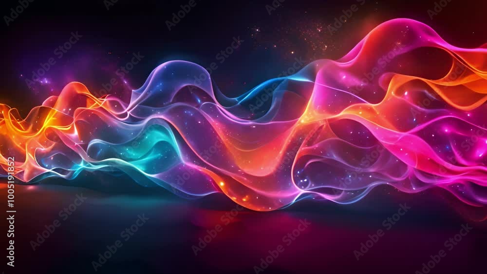 Poster Multicolored light waves undulate with a dynamic, glowing energy against a stark backdrop.