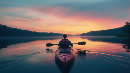 A man kayaking in water at sunset