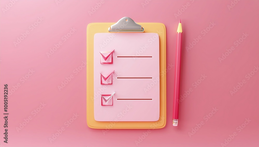 Poster a colorful checklist on a clipboard with checkmarks and a pink pencil, designed for organization and