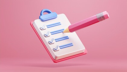 A colorful checklist with a pencil, symbolizing tasks completed and organization against a pastel pink background.