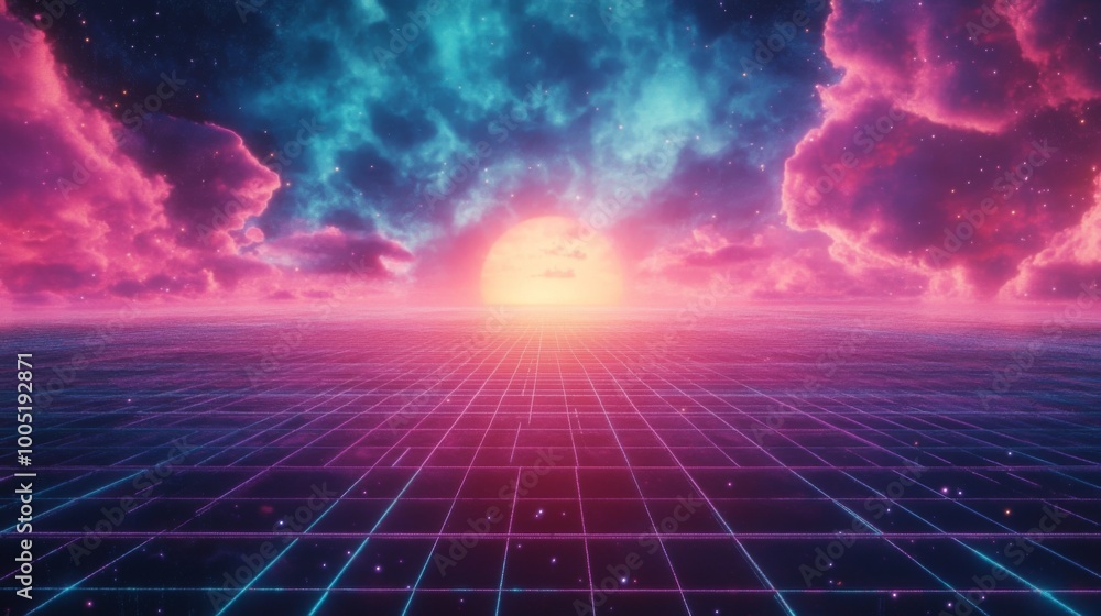 Poster retro sunset with grid pattern and colorful clouds.
