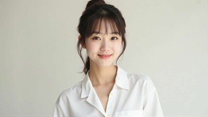Fototapeta premium Smiling Japanese Asian Woman in White Shirt - Friendly Portrait