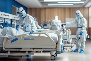 Cleaning crew in a hospital sanitizing equipment and surfaces, sterile environment