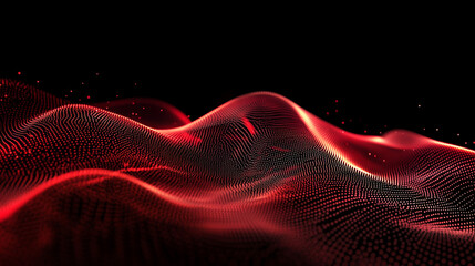 Abstract Red Waveforms with Dynamic Digital Particles. Visual depiction of red waveforms in motion with a background of digital particles, creating a dynamic and futuristic atmosphere.