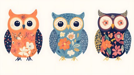 Fototapeta premium Floral Owls, Abstract Image, Texture, Pattern Background, Wallpaper, Cover and Screen for Smartphone, PC, Laptop, 9:16 and 16:9 Format