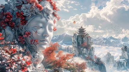 Serene Mountain Landscape with Temple and Woman's Face
